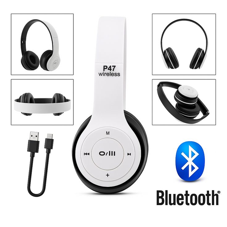 Original P47 Wireless Bluetooth Headphones | Foldable Stereo Over-Ear Headset | Rechargeable with Mic | FM Radio | TF Card Support | AUX Compatible