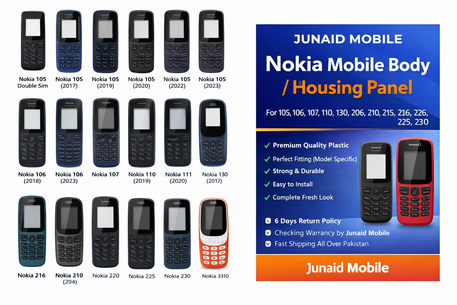 Nokia Mobile Body / Housing Panel for 105, 106, 107, 110, 130, 206, 210, 215, 216, 220, 225, 230 – High Quality Replacement Body