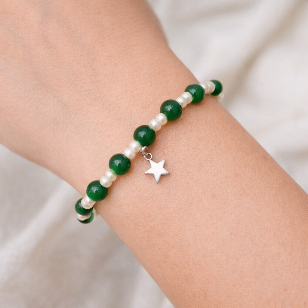 14th August Pearl White Green Beaded Bracelet for Girls & Women with a beautiful Gift | Unisex Star Charm Stretch Braselet | Pakistan Independence Day Jewelry accessories Gift for Girls And Boys