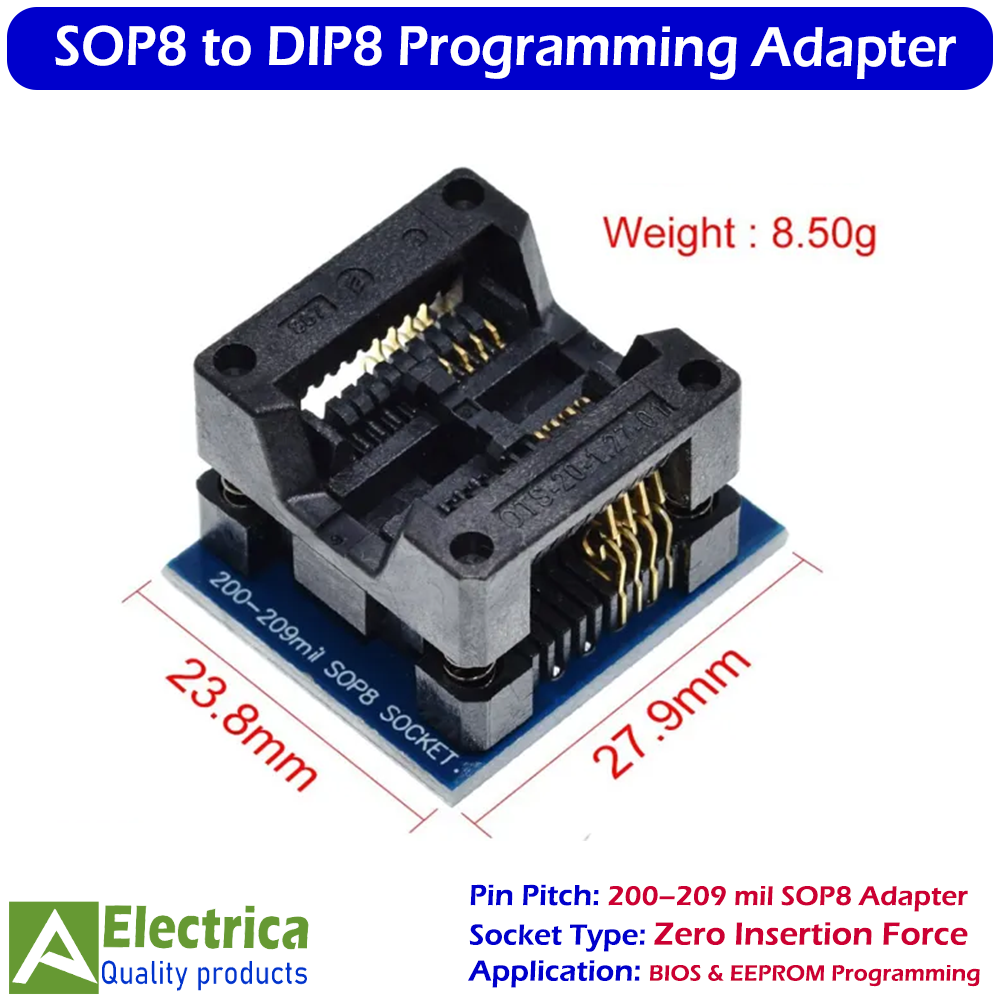 200–209mil SOP8 to DIP8 Adapter Socket for CH341A / EZP2010 / EZP2013 / SPI Flash Programmer | IC Test & Programming Module by Electrica