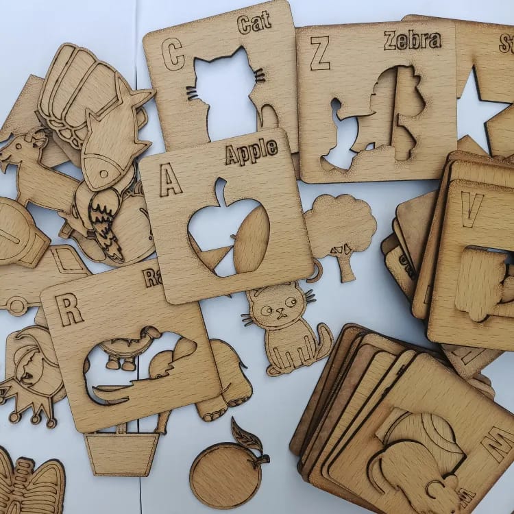 Kids Wooden Drawing Stencils English/Urdu/Mathematics Alphabets Learning Puzzle Toys (A to Z complete)