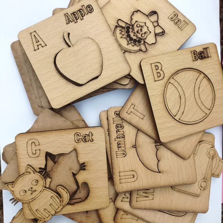 Kids Wooden Drawing Stencils English/Urdu/Mathematics Alphabets Learning Puzzle Toys (A to Z complete)