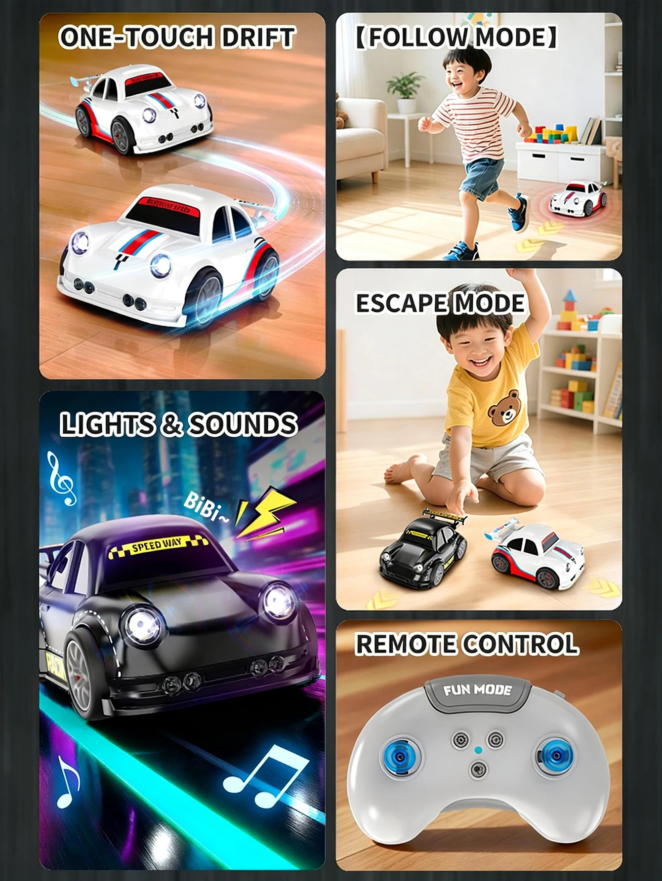 KIDDO KASTLE - New 2.4GHz Remote Control Drift Car | 2.4G Mini Smart Sensor RC Drift Car Dual Modes Toy | Rechargeable Mini 4X4 RC Car With Gesture Control, Remote Control Follow & Escape Modes One Key 360° DEMO Stunt With LED Lights Music Kids Gift