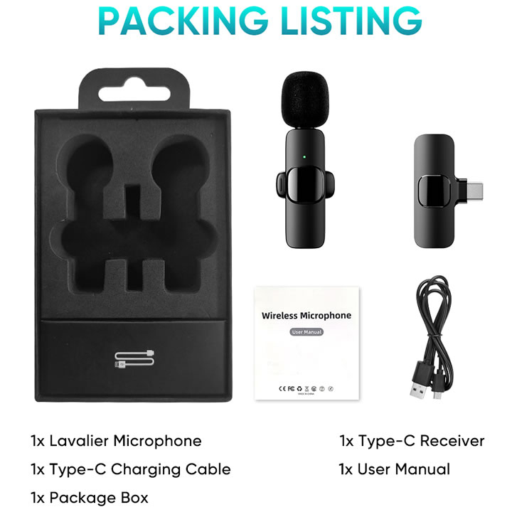 K8 Universal Plug Type-C Wireless Microphone with Mini Cable for Phone/Mobile Devices
