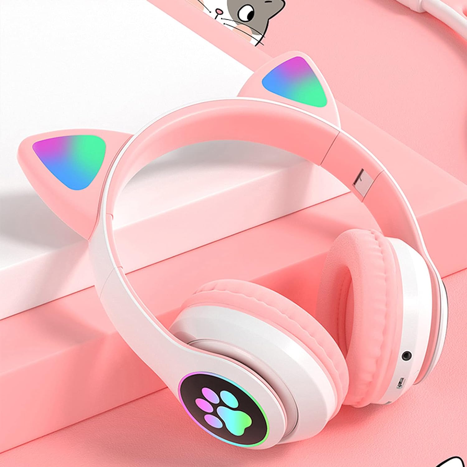 New STN 28 Cat Ear Bluetooth 5.0 Stereo Headset with RGB Lighting, Microphone, TF Card Support, and Universal Compatibility