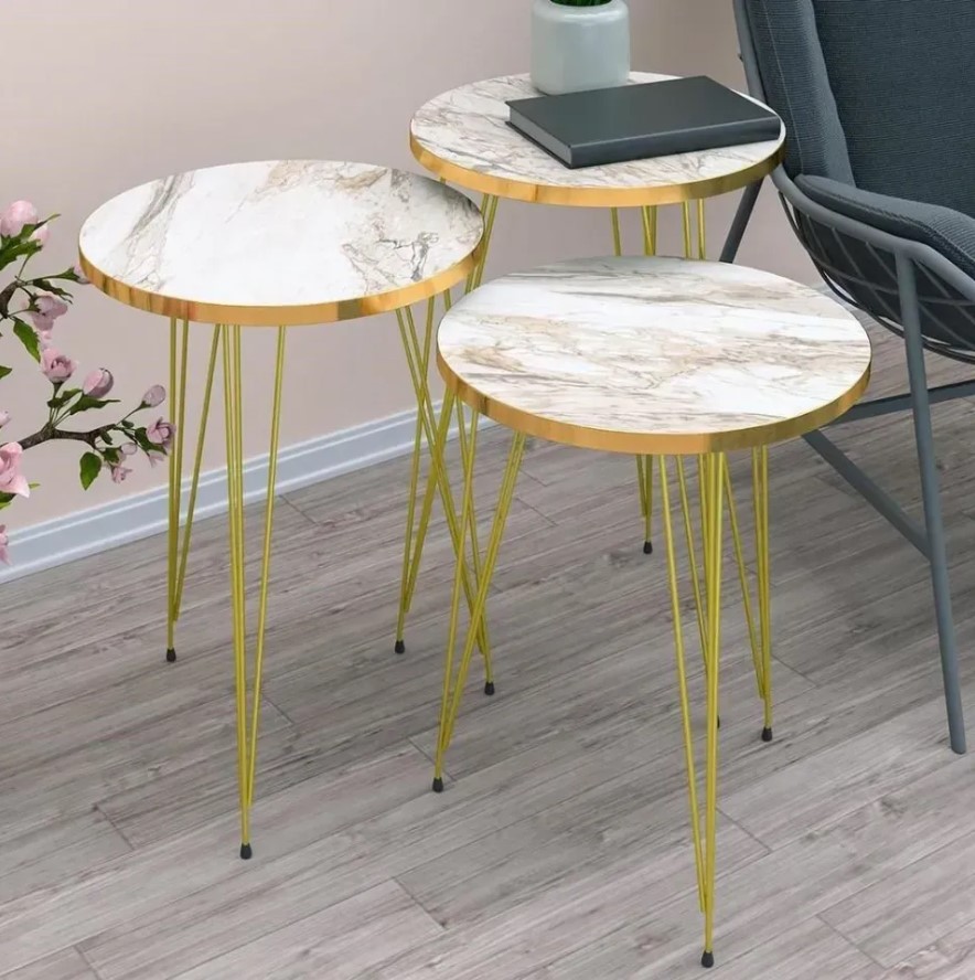 MDF Wood Daisy Nesting Table With Metal Stand - Set of 3 Round table Table - Decoration coffee table - Daisy coffee table - dining table Nesting table set - Side Table Coffee Table - Also Best For Decor - 1 Pc  2 pc  Set Of 3 Coffee Tables - Side Tables