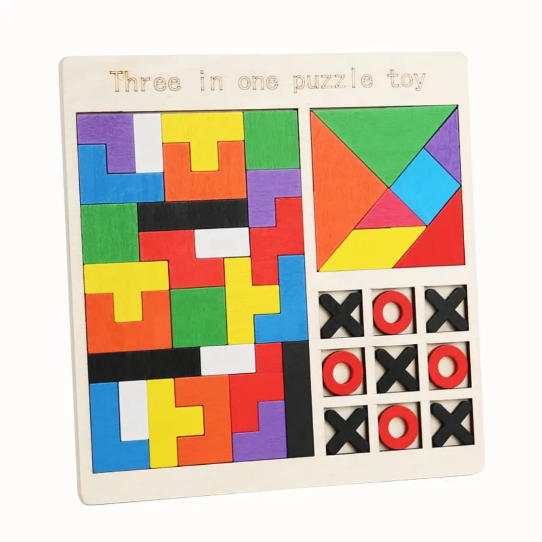 Wooden Intelligence Puzzle - Tic Tac Toe - Brain Teasers Toy - 3 in 1 - puzzles for kids - Wooden Puzzles For Kids - Wooden Tetris Brick Blocks Puzzle Game - Jigsaw Puzzle
