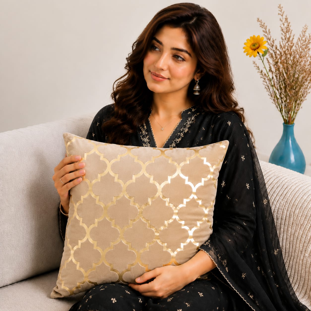 Elegant Geometric Pattern Velvet Cushion Cover 16x16 Inch Home Decor