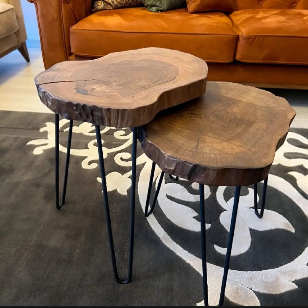 Small Round Side Table | Sofa Side Table & Bedside Table | Natural Live Edge Sheesham Wood | Metal Hairpin Legs | Drawing Room Corner Accent Table | Rustic Handmade Pakistan