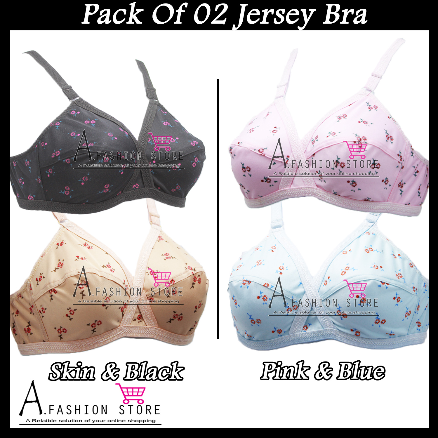 A.Fashion Pack of 02 Jersey Bra for Girls-Black, Skin & Pink, Blue