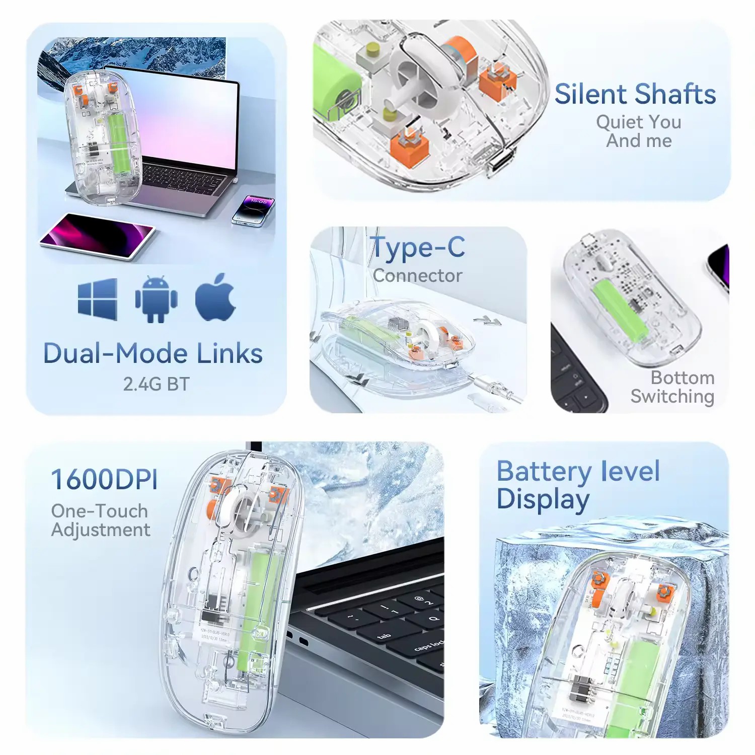 Transparent Wireless Mouse Slim Dual Mode Connectivity Bluetooth and 2.4G USB Rechargeable Mouse 18 27fca216a79eeea0a9563a757e501f33