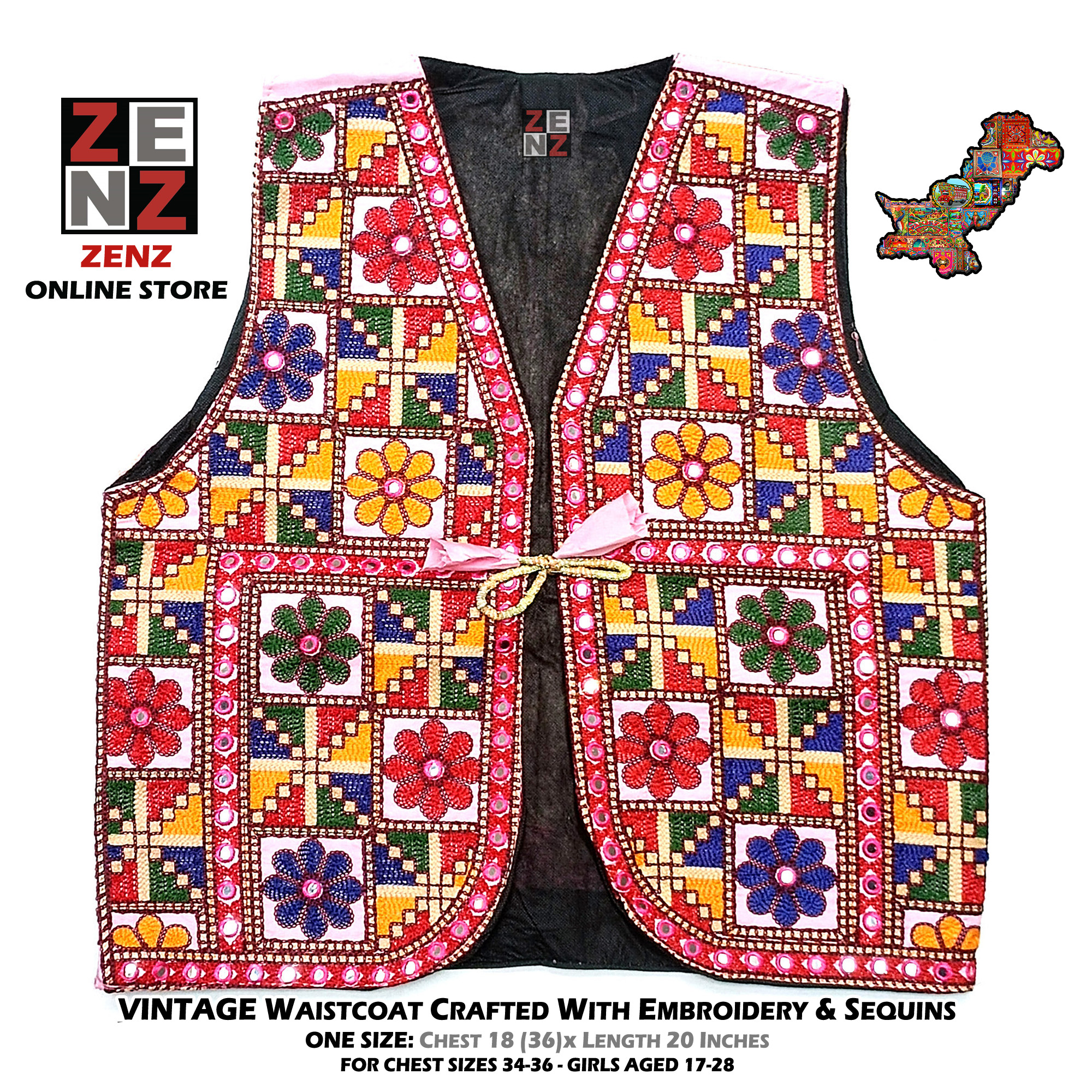 Pakistani Sindhi Balochi Kashmiri Traditional & Cultural Wear Waistcoat Koti Embroidered Zenz Multicoloured Embroidery for Girls & Women
