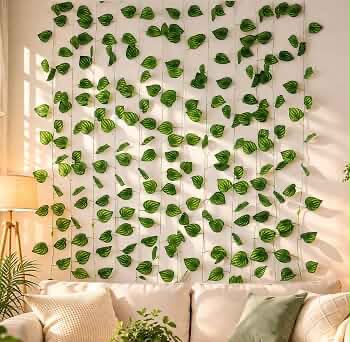 Artificial Plant Leaves with Fairy Lights – Battery Operated Money Plant Decoration for Room, Bedroom, Living Room, Wedding & Party Decoration | USB/Battery Powered Vines with Warm White LED