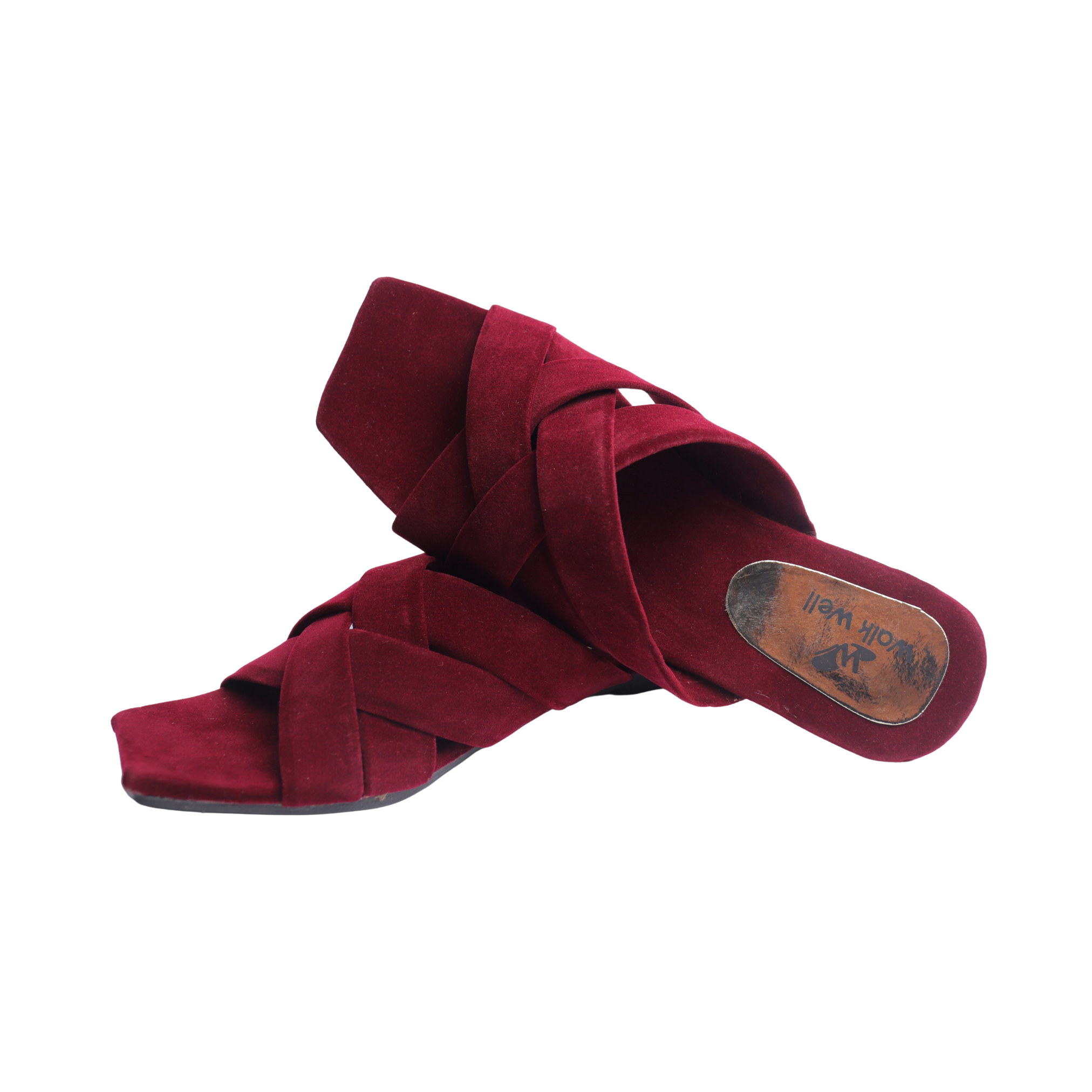 Ladies Maroon Velvet Slippers for Women Fancy Cross Strap Flat Sandals