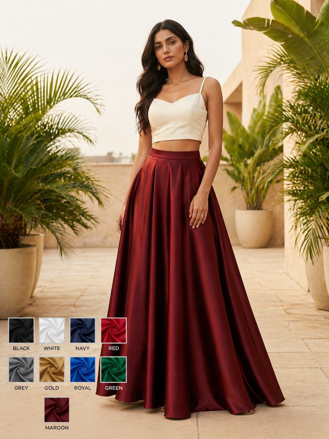 Back Elasticated Solid Silk Flared Swing Maxi Skirt For Women. AE-6707