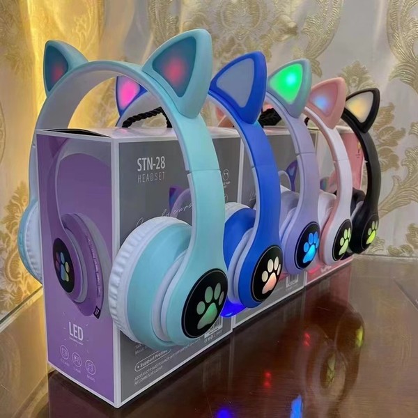 Cat Ear Wireless Bluetooth Headphones for Girls with LED Light and Microphone