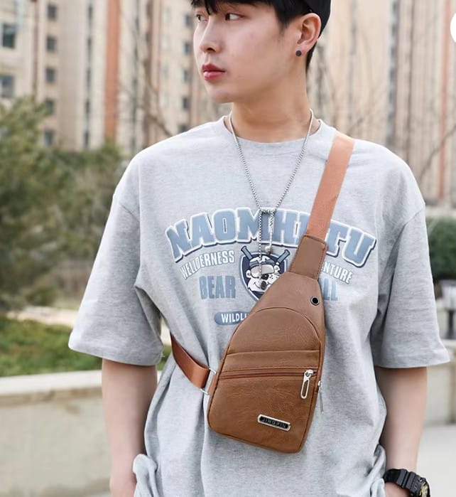 Men's PU Leather Crossbody Sling Bag | Casual Chest Shoulder Travel Messenger Bag | Multiple Zipper Pockets | Adjustable Strap | Brown & Black