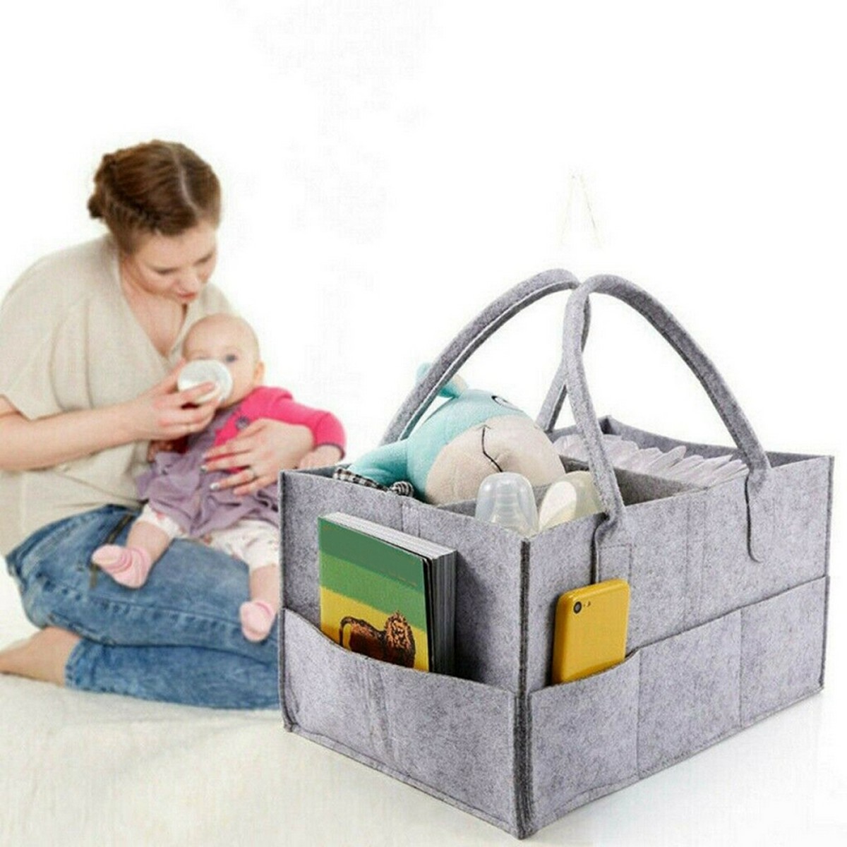 Baby Diaper Caddy Portable Foldable Durable Nursery Essentials Storage Basket Bin And Car Organizer For Wipes Toys Chang Pad Tote Bag Baby Shower Gifts (Grey, 14X9X7 Inch)