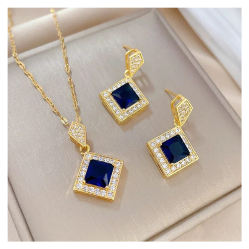 Hunt Best New Stylish 2024 Exquisite Geometry Square Zircona Crystal Pendant Necklace for Girls and Earrings for Women Jewelry Set Romantic Gift