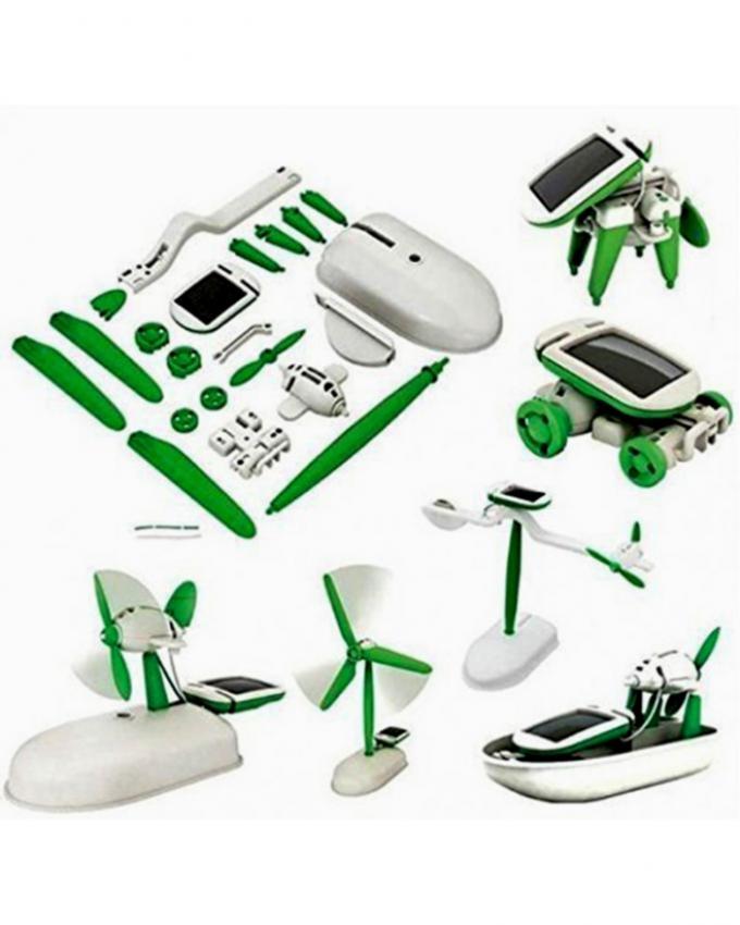 DIY - 6 in 1 Educational Solar Robot Building Kit - Car - Plane - Puppy - Fan - Boat - Windmill - White & Green Science Project