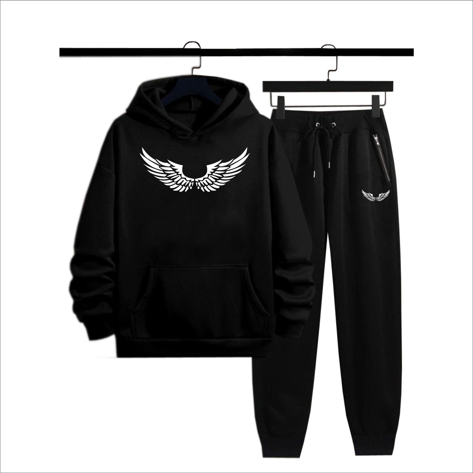 Black Wings Printed Tracksuit For Mens & Boys - Soft & Comfortable Fleece Fabric Hoodies For Mens Kangaroo Hooded Sweatshirt & Trouser For Mens Printed Tracksuit