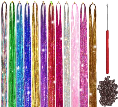 Sparkle Hair Tinsel Rainbow colored 93cm Hair Laser False Hair Extensions Decor Glitter Strings For Girls