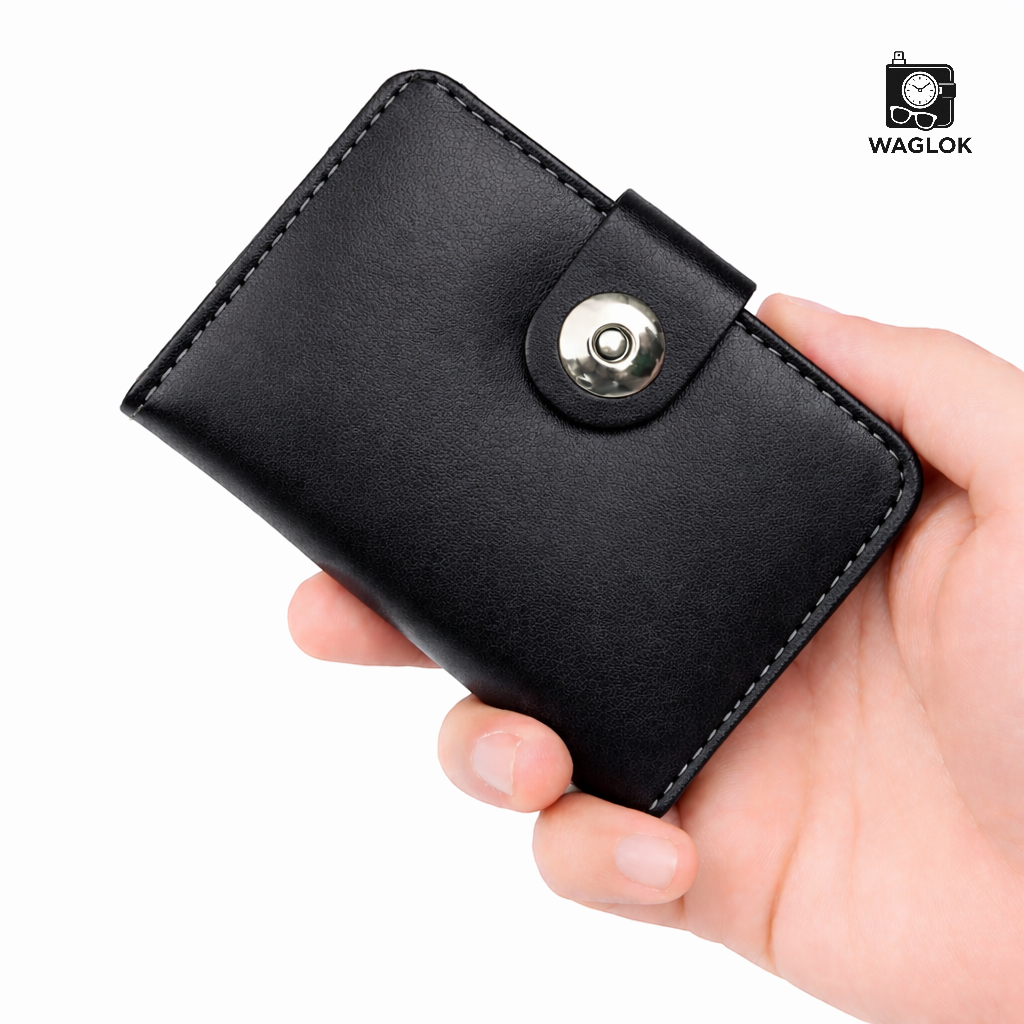 Magnetic Button Cow Leather Slim Wallet, 4 Card Slots, 1 Cash Pocket, 1 Window Card Slot
