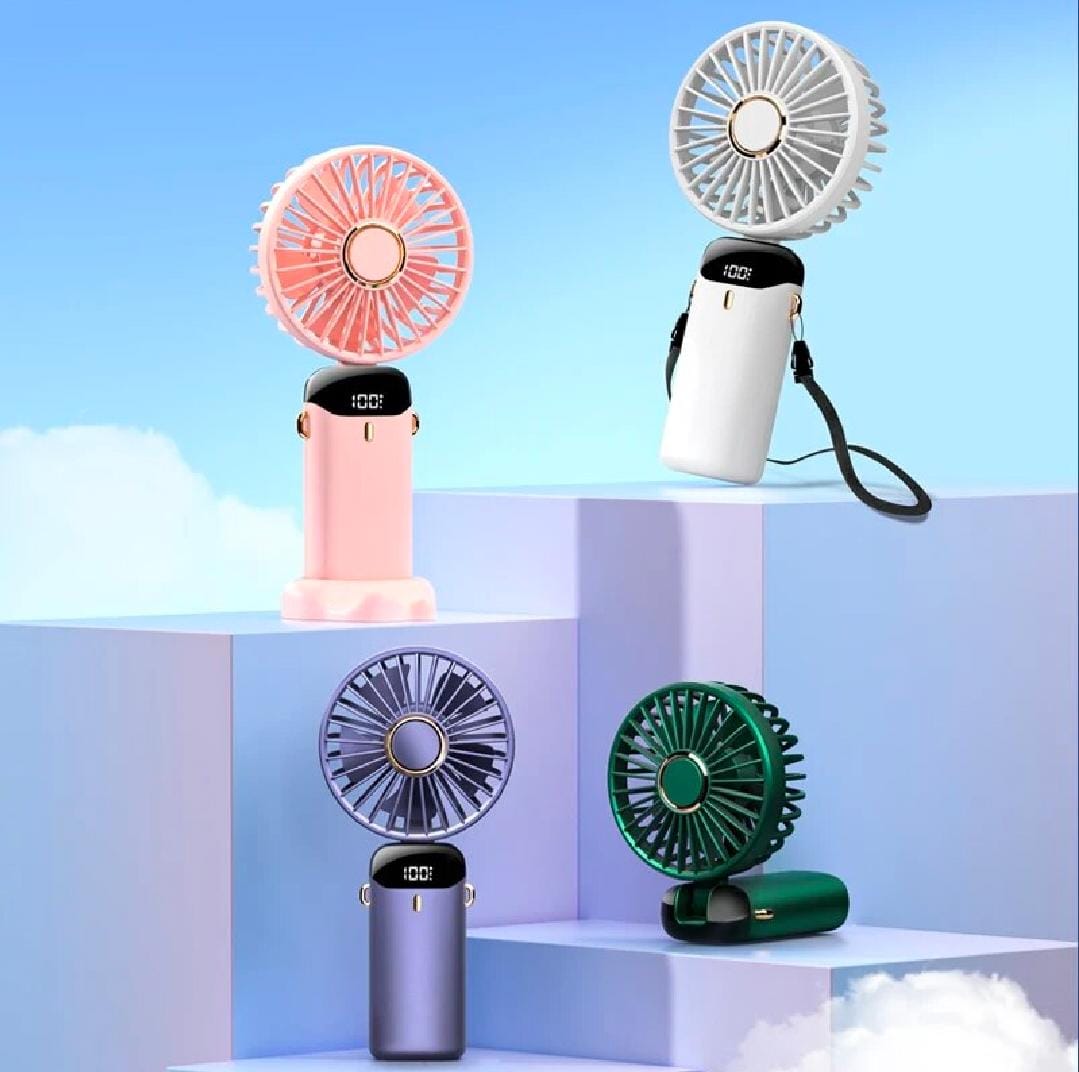 USB Handheld Mini Fan Foldable Portable Neck Hanging Fans 5 Speed Rechargeable Fan with Phone Stand and Display Screen
