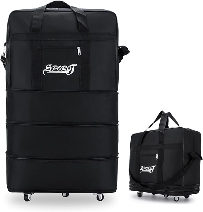 Expandable Suitcase Bag Foldable Rolling Luggage Bag 3 Lays Waterproof Oxford Duffle Bag Suitcase 6 Wheels for Men Women Lightweight Suitcases Travel Duffel Bags (Black)
