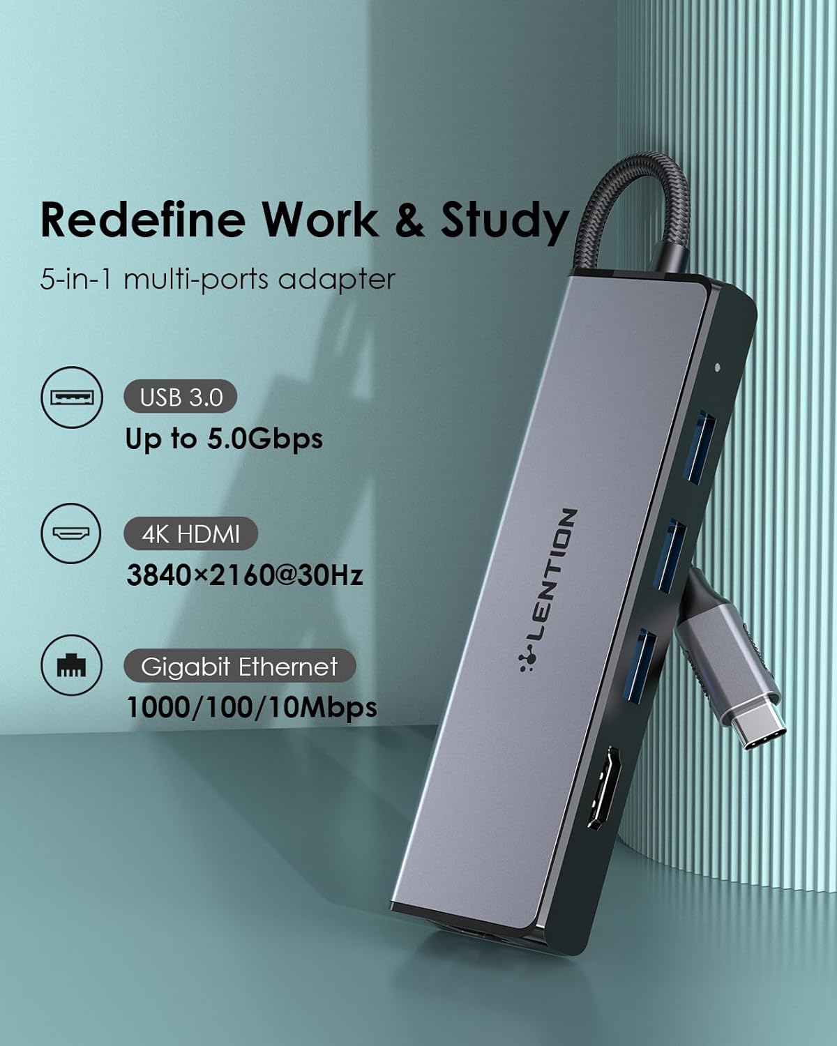 LENTION USB Hub 3.0 Mit 4 Ports – Ultra-dünn, Für MacBook, Surface, Chromebook & Mehr
