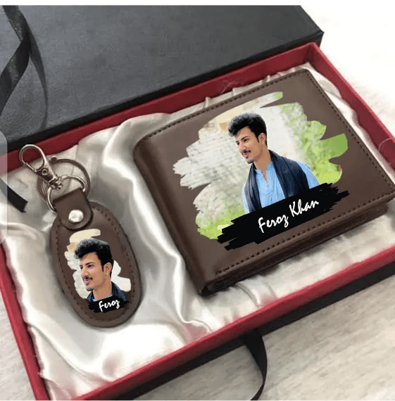 Personalized Picture and Name Print Leather Wallet with Matching Key Ring Combo - Customized Photo Engraved Slim Gift Pack for Men & Boys