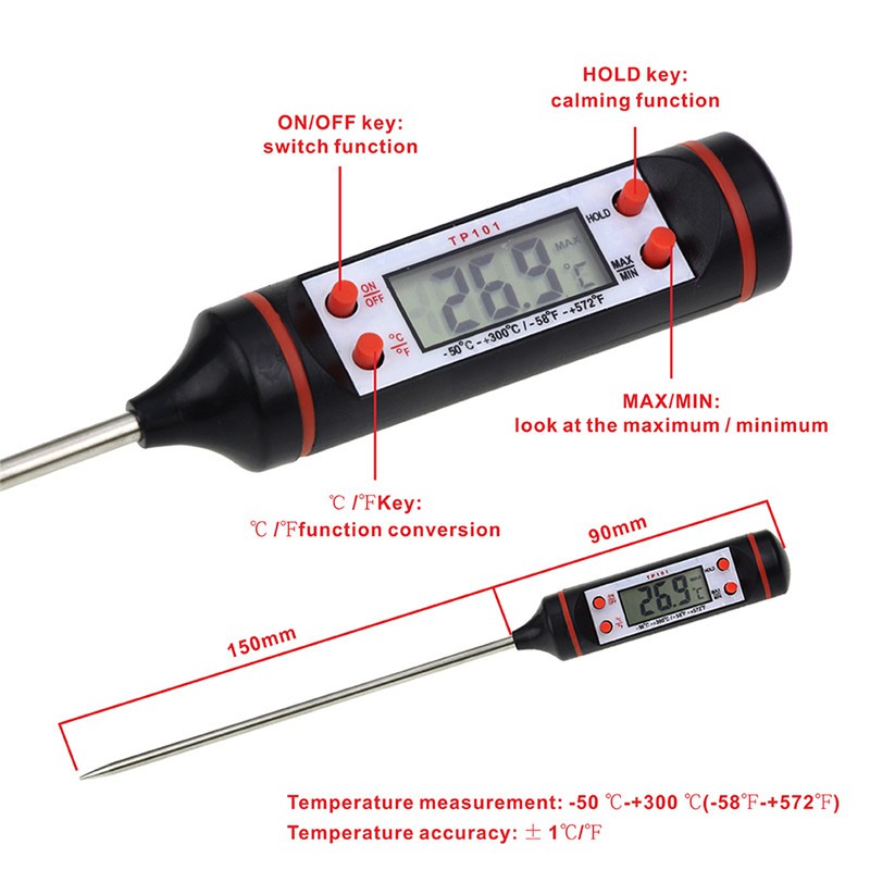 Digital Kitchen Heat Gauge Thermometer For Oven Baked Barbeque BBQ And Fried Food Temperature - Black