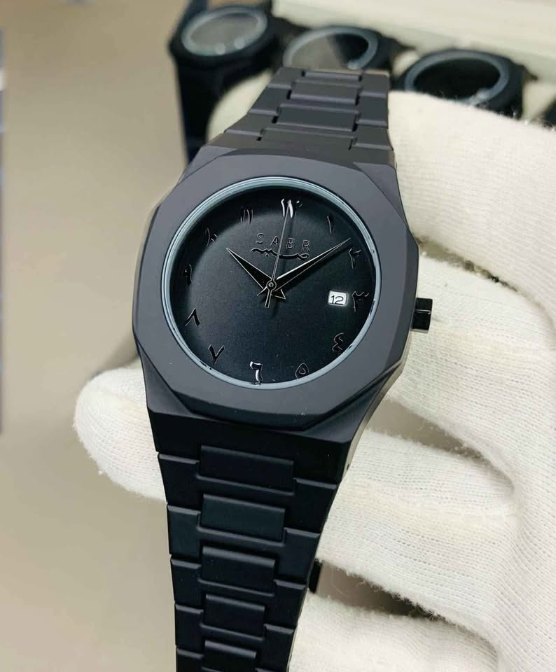 black aura watch with date in fiber chain