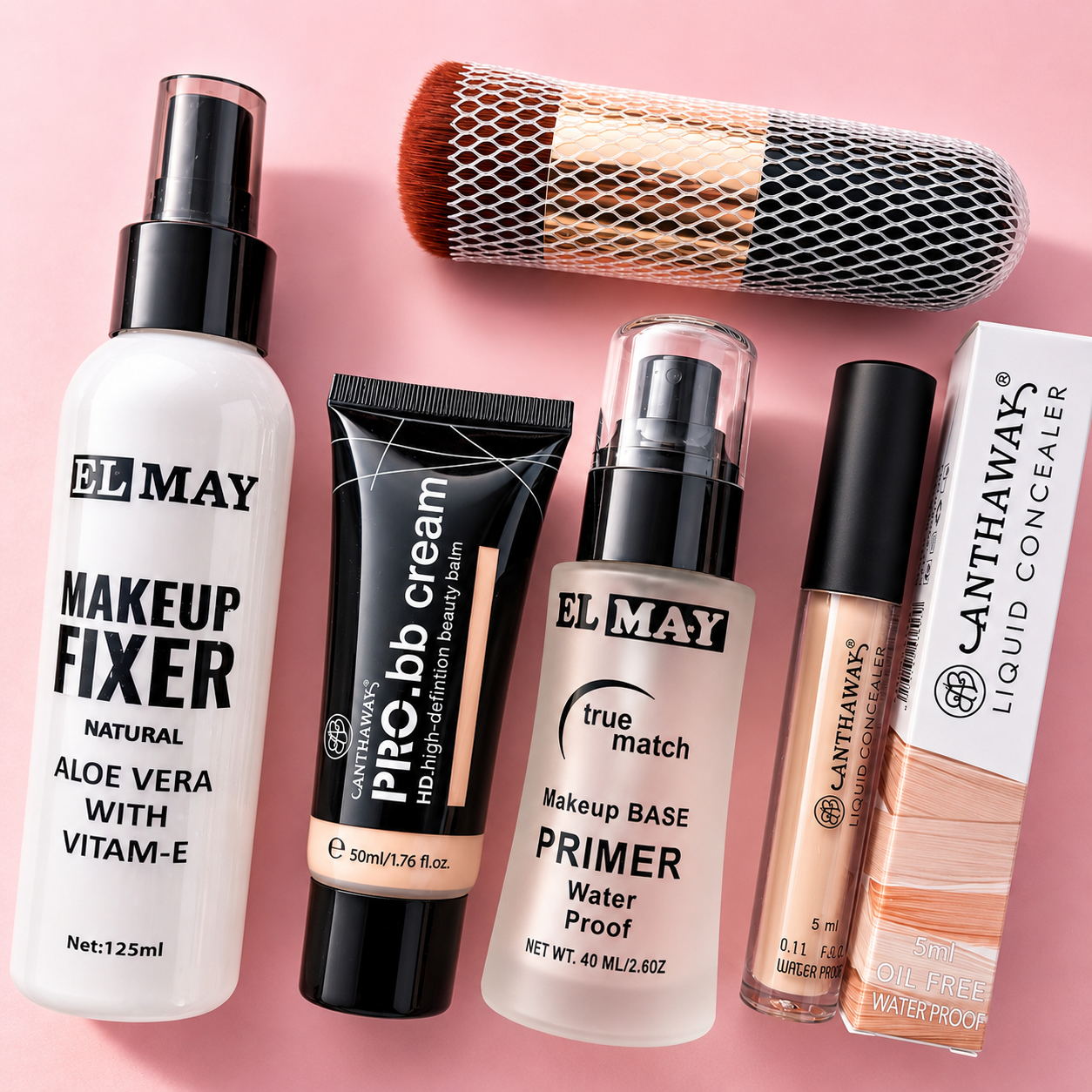 Makeup Deal of 05 -  Liquid Concealer, Makeup Primer, Makeup Fixer, Chubby Foundation Brush, Foundation Tube
