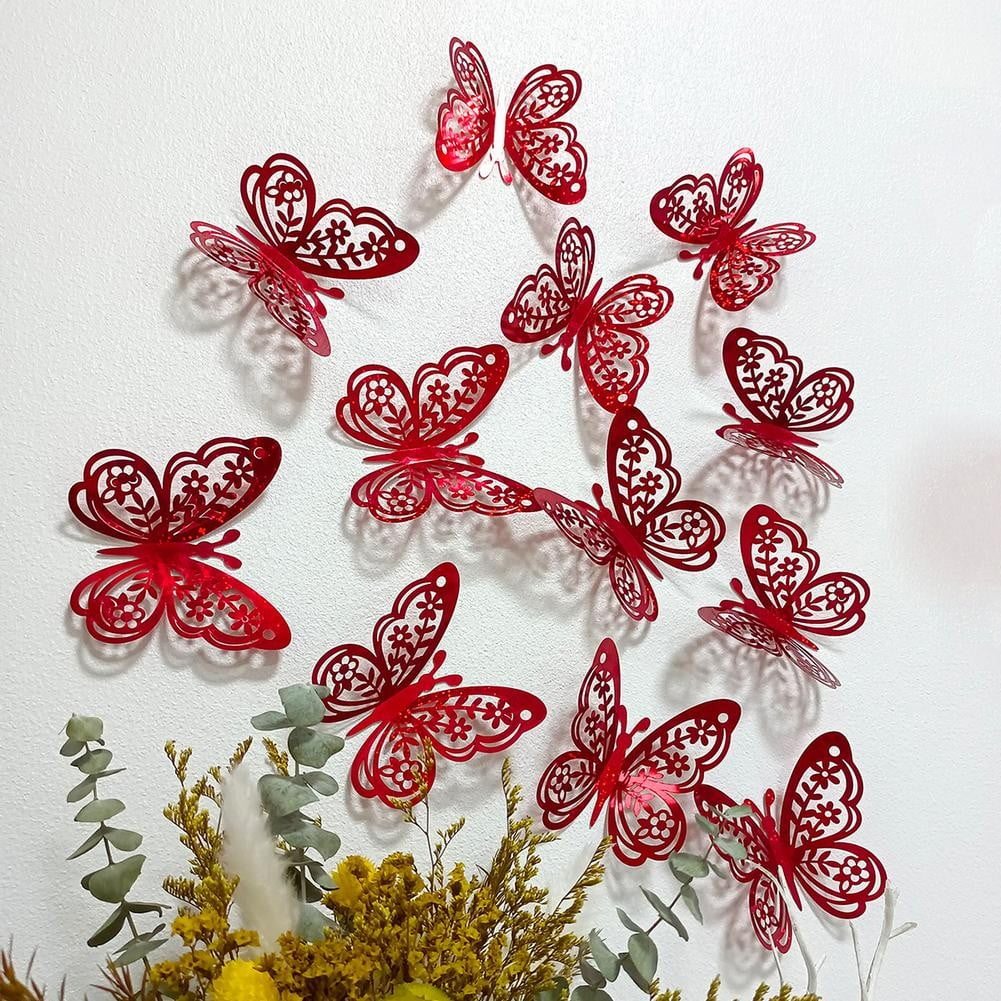 Halloween Butterfly Wall Stickers - 3D Skull Rose Red Butterflies Decor For Party Home (12 Pcs)
