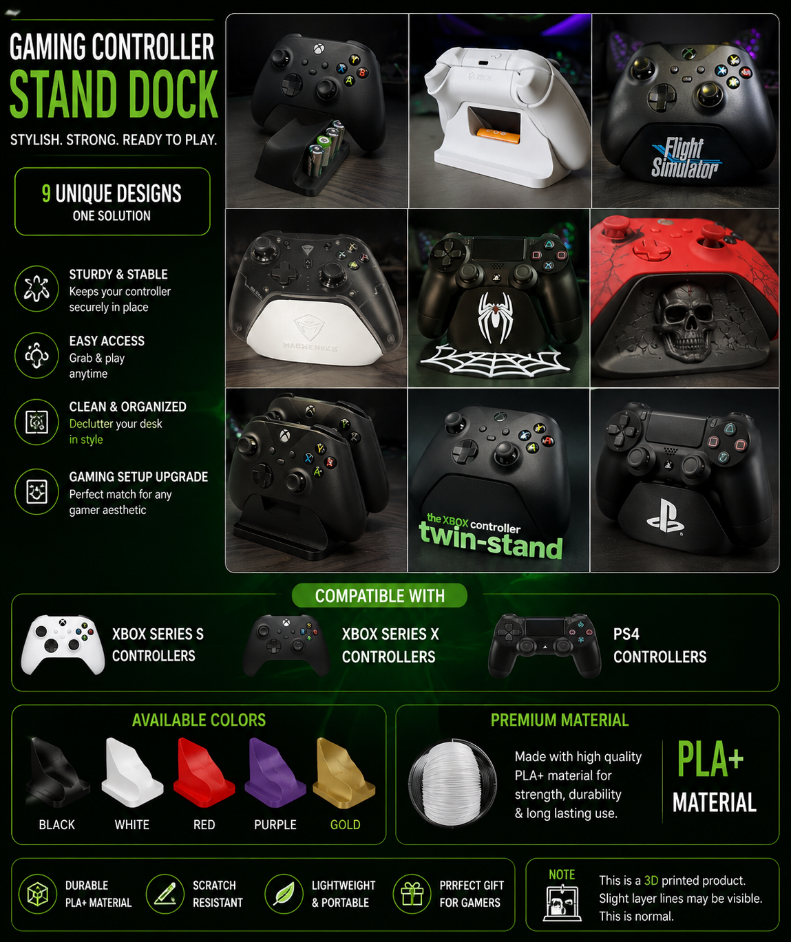 Minimalistic Xbox Controller Stand  - Controller Stand & Storage Dock for PS4 / PS5 / Xbox Series S & Series X – Multiple Designs – Gaming Desk Organizer