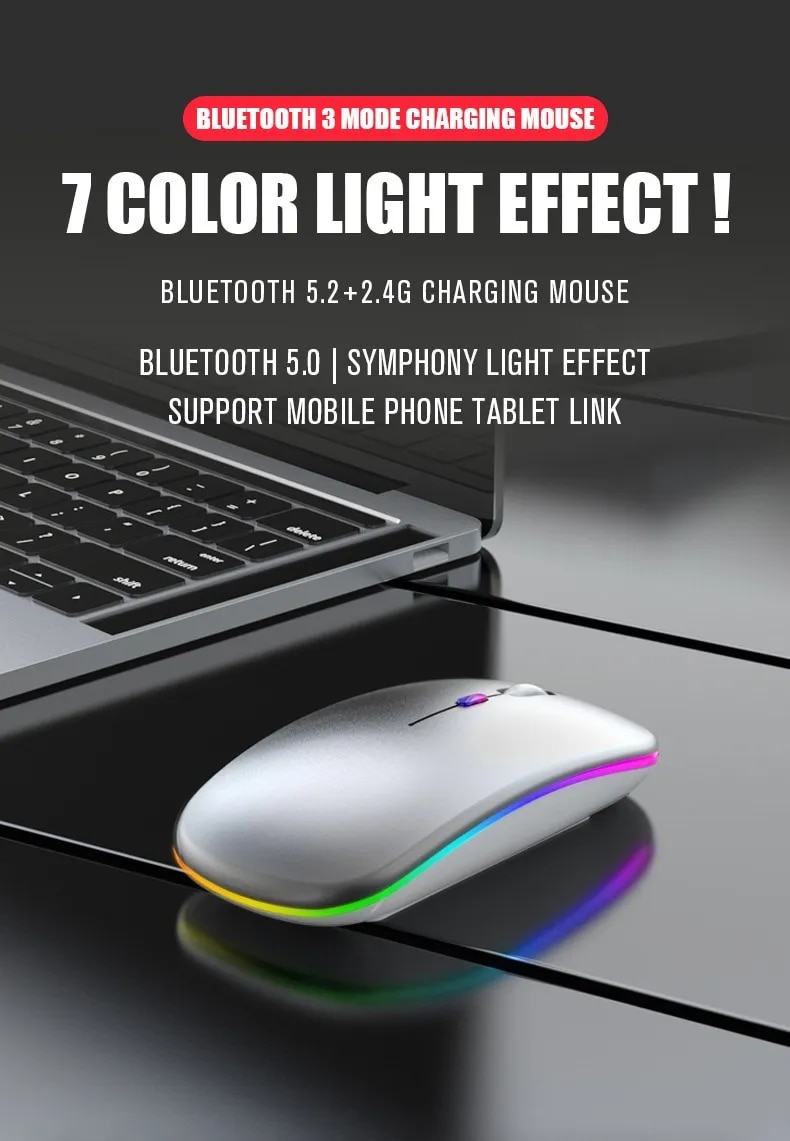 Rechargeable - Wireless Mouse Ultra Slim Gaming Mouse RGB Dual Mode 5.1 Bluetooth Mouse Rechargeable Battery Gaming RGB USB Wireless Optical Mouse With Silent Clicks Black 2.4G Backlit Mice - Plug and Play For Laptop, PC, Computer, Smart TV