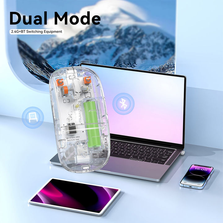 Type C Transparent Rechargeable Wireless Mouse Ultra Slim Gaming Mouse RGB Dual Mode 5.1 Bluetooth Mouse Rechargeable Battery Gaming RGB USB Wireless Optical Mouse With Silent Clicks 2.4G Backlit Mice Mouse For Pc Laptop, Computer, MacBook, iPad, Smart TV