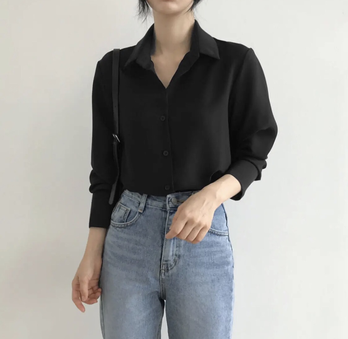Women's retro Hong Kong style Korean professional suit collar sleeved lapel solid color shirt for Girls and Women