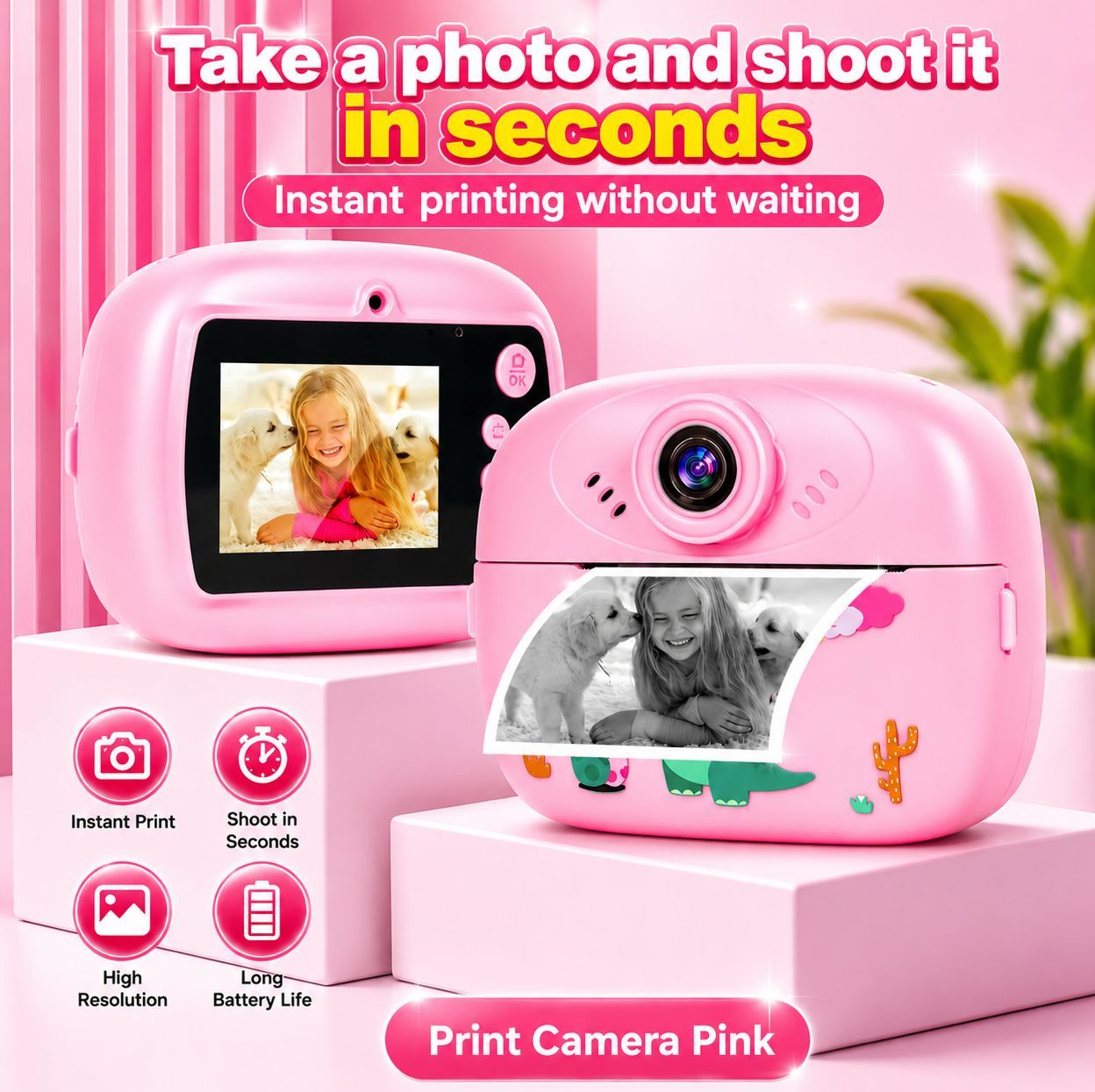 Smart Digital Dual Lens instant Print camera For kids 1080 P Vedio Recorder & Selfie Camera With Tharmal Printer Camera 2.4" IPS Screen Mini Portable Camera With Games Best Gift For Gift For Both Girls And Boys ! Children Digital Camera Toys For Kids