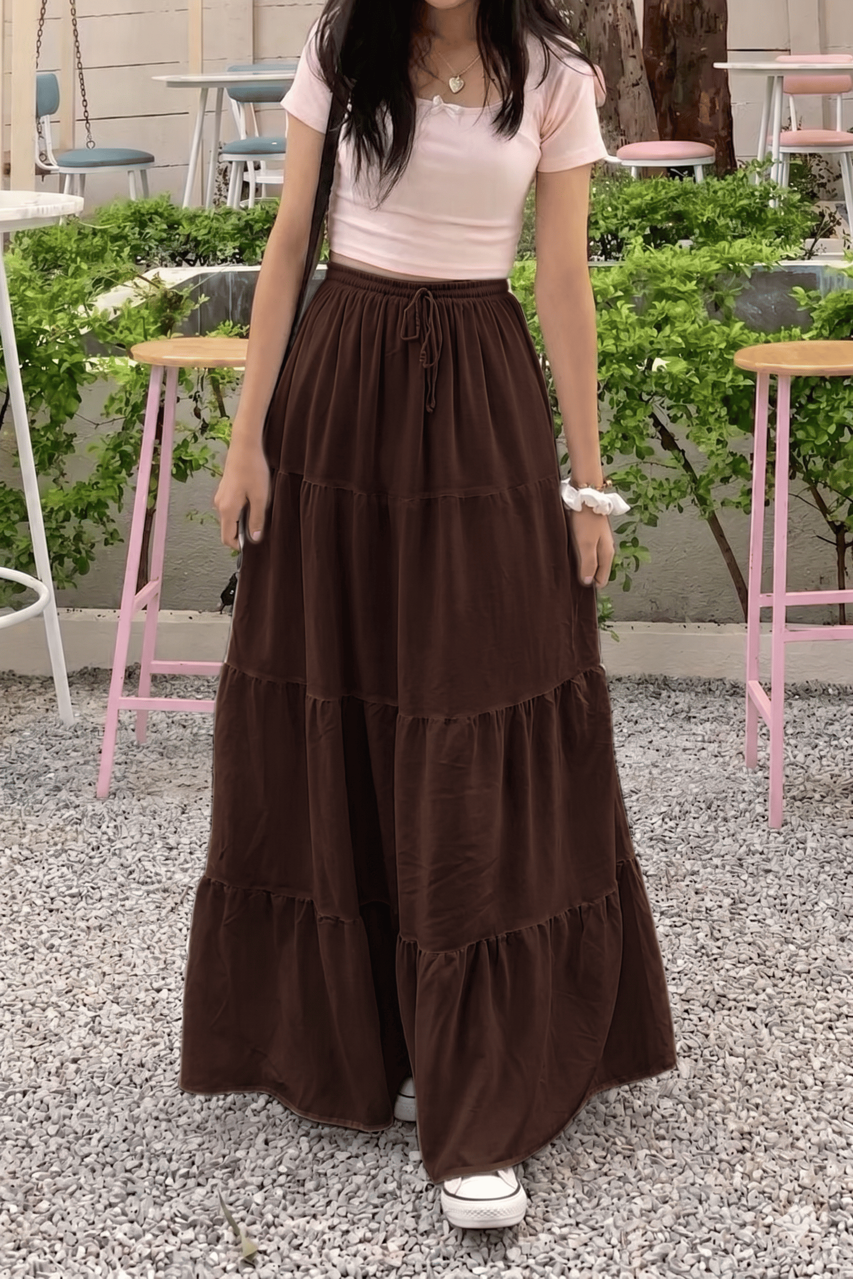 Premium Women’s Tiered Maxi Skirt - Elegant High-Waisted Flowy Long Skirt - Aesthetic Boho Streetwear Bottoms - Trendy Modest Flare Skirt for Women