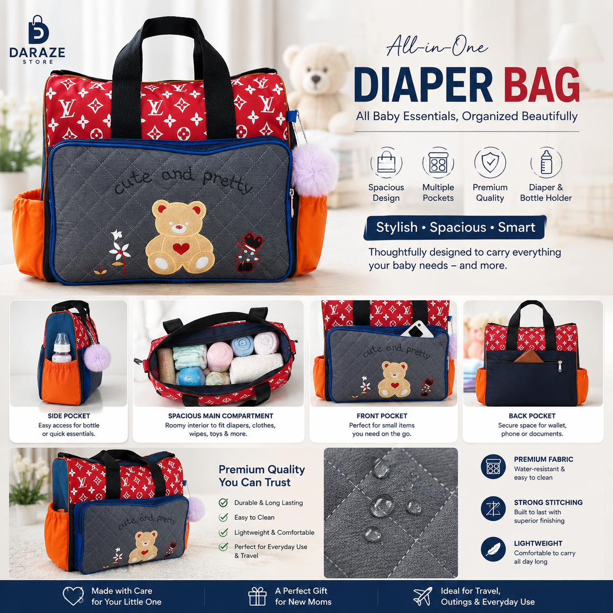Baby Diaper Bag for Moms | Large Capacity Multi-Pocket Maternity Bag with Bottle Holder | Waterproof Travel Nappy Bag for Baby Essentials | Premium Multi-Pocket Baby Diaper Bag with Bottle Holder