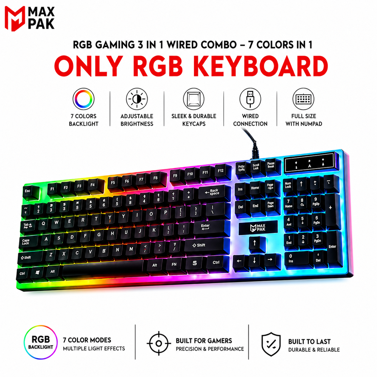 RGB Gaming Keyboard & Mouse Combo - 7 Colour Wired RGB Mouse and Keyboard Set - USB Wired Pack For PC & Laptop - Black & White