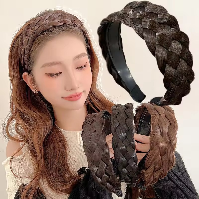 Wide Hair Accessories Toothed Non-slip Hairband Wig Twist Braid Hair Hoop Artificial Fishbone Style Braided Headband