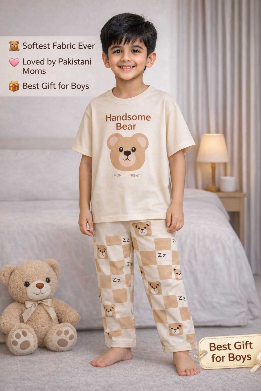 Handsome Bear Boys Nightwear Set (7–14 Years) – Soft Cotton Jersey Pajama Suit for Kids – Breathable Summer Sleepwear T-Shirt & Trouser – Gift Ready Home Wear price in Pakistan