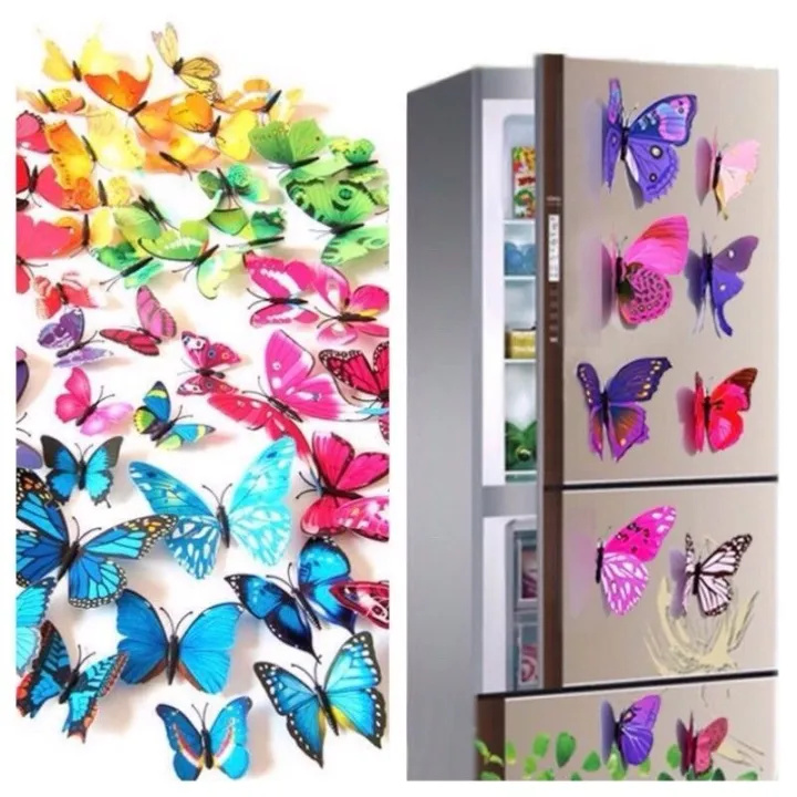 New High Quality Imported 12pcs/Packet Colorful Butterfly Wall stickers Fridge Magnets 3D Butterfly Decals Design Art Stickers Room Magnetic Home Decor DIY Wall Decoration