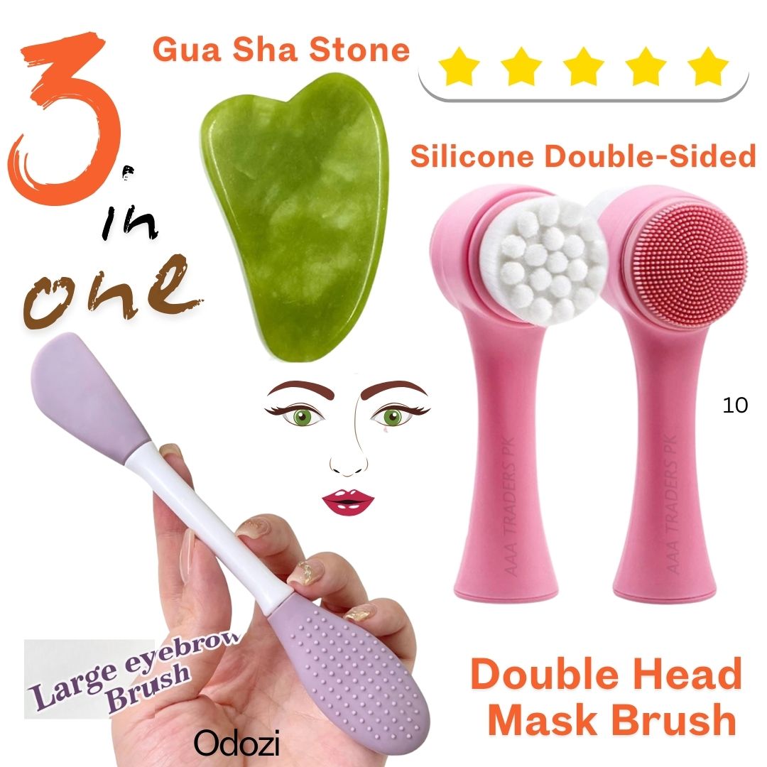 Premium Jade Gua Sha and Silicone Face Cleansing Brush Duo Pack - Anti-Aging, Brightening Skin Care Tool