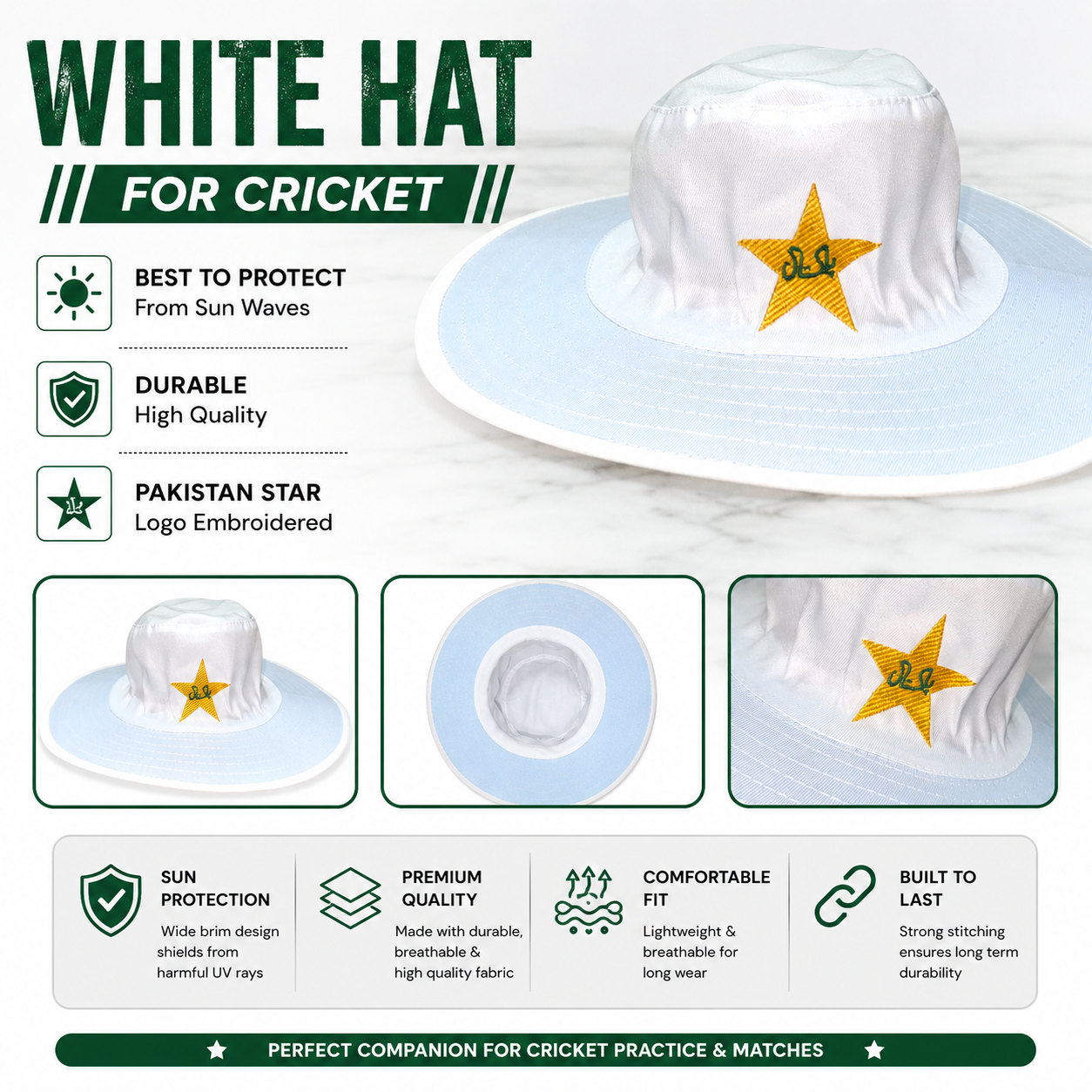 White Cricket Hat for Men Round | Sun Protection Cricket Hat Cap with Pakistan Star Logo | Lightweight Cricket Hat for Outdoor Sports & Training