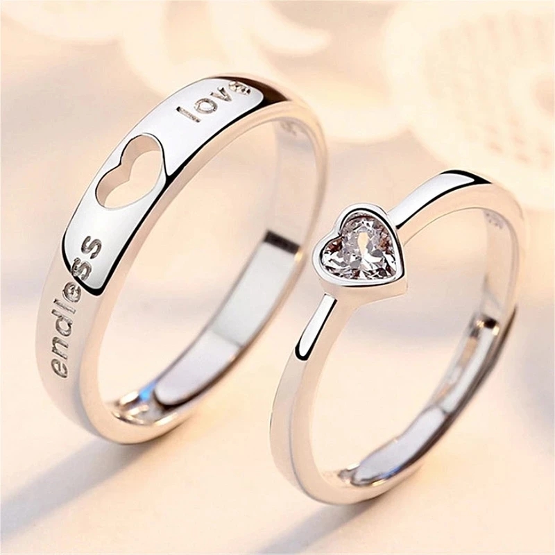 2Pcs Zircon Heart Matching Couple Rings Set For Women Men Couple Lover Forever Endless Love Wedding Ring Party Charm Jewelry