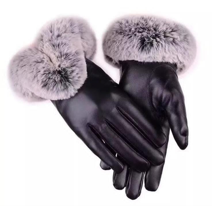 Outdoor Winter Women Windproof Faux Leather Touch Screen Full Finger Gloves with Faux Rabbit Fur Lining